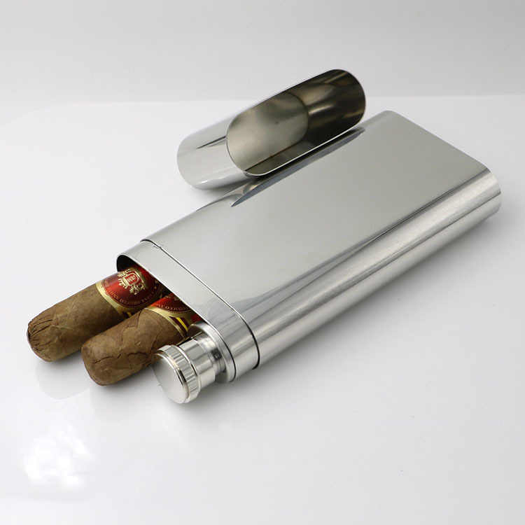 Stainless Steel Hip Flask & Cigar Holder Combo For Twice The Coolness