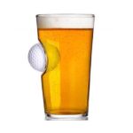 Beer glass with embedded golf ball